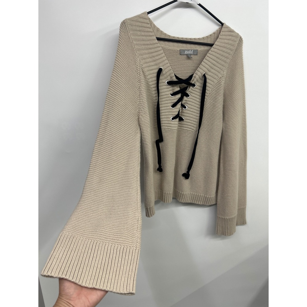 Cotton Lace Up‎ Knit Bell Sleeve Sweater L Beige Pullover Cozy Boho Minimalist
